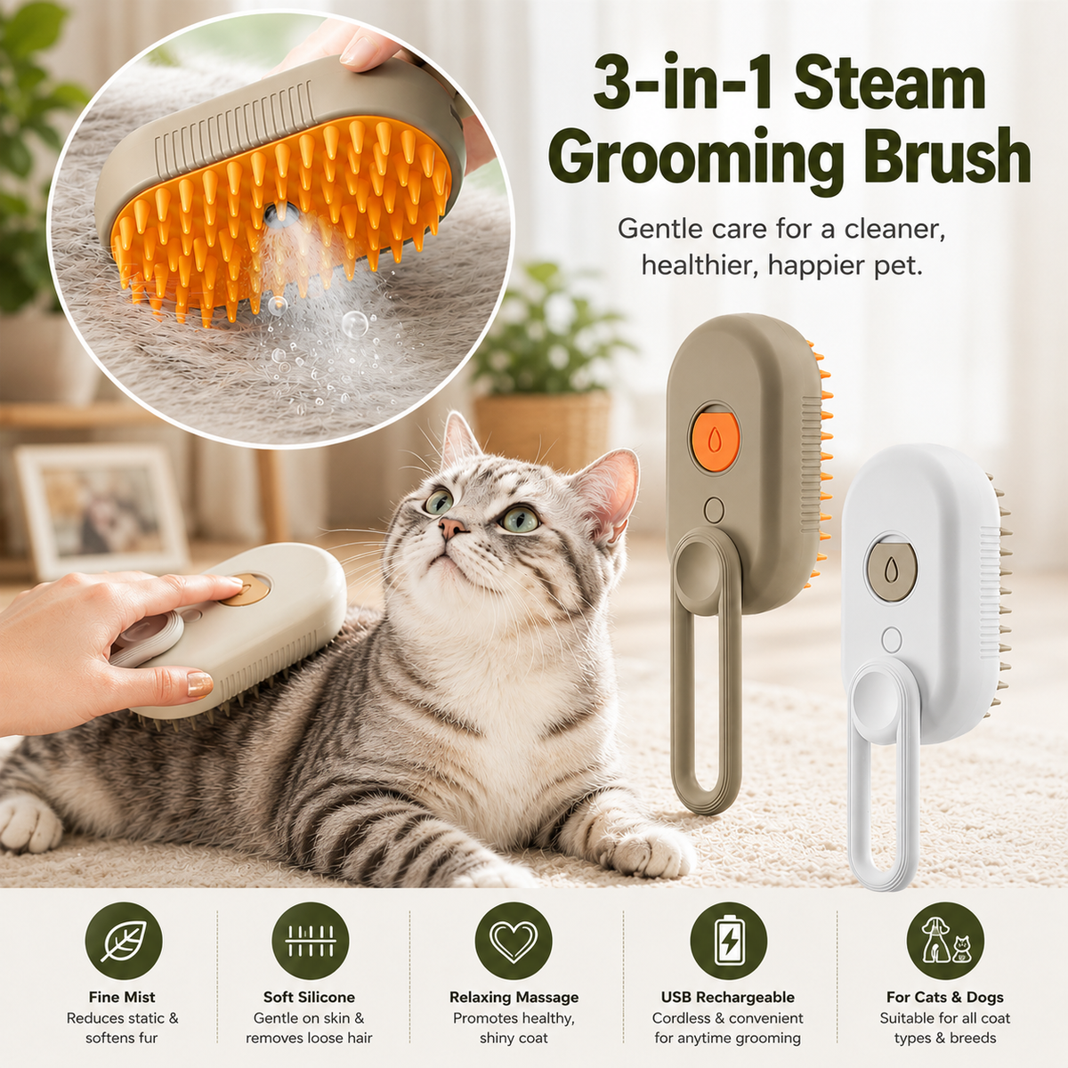3-in-1 Steam Grooming Brush